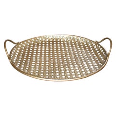 Vintage Round Gold Metal Faux Bamboo or Cane Decorative Tray with Handles