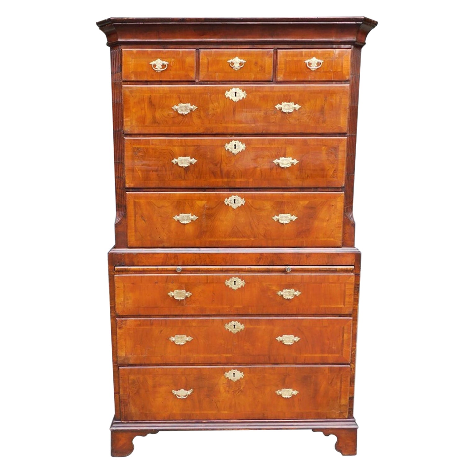 English Chippendale Burl Walnut Inlaid Chest on Chest with Orig. Brasses, C 1760 For Sale