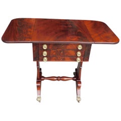 American Classical Mahogany Drop Leaf Three Drawer Table with Paw Casters C 1815