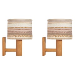 Swedish Designer, Wall Lights, Oak, Woven Fabric, Sweden, 1970s