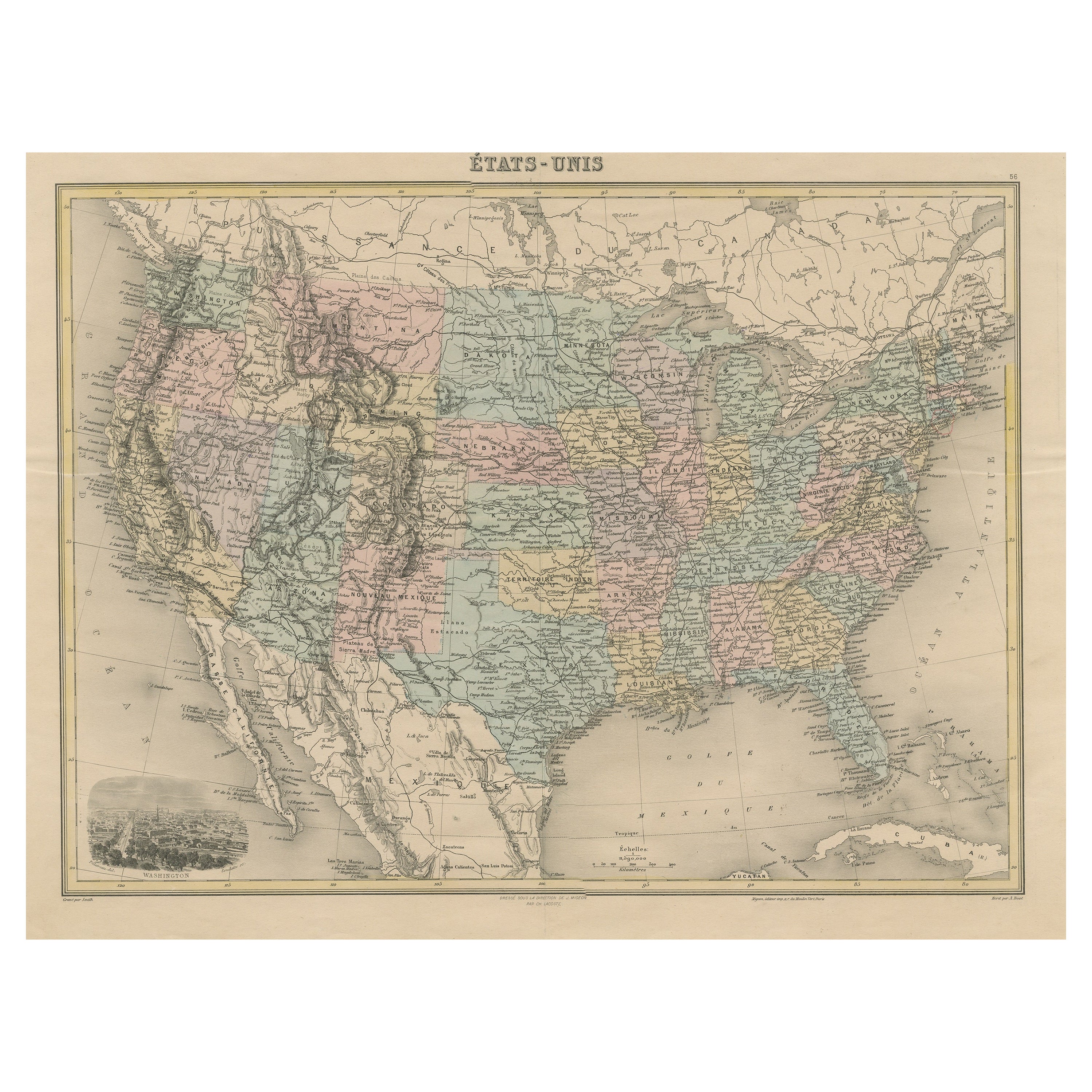 Carte ancienne des États-Unis avec vignette de Washington en vente