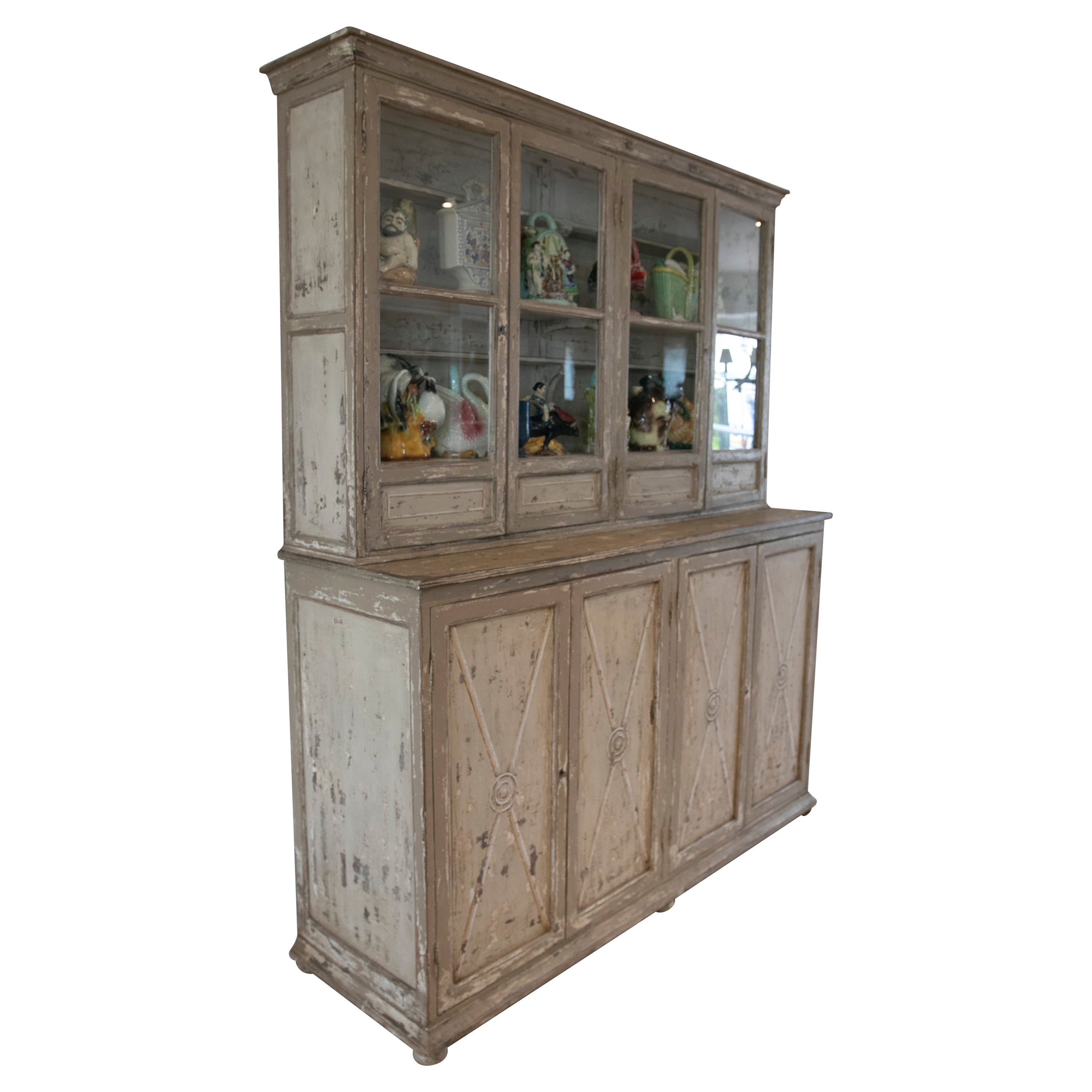 French Wooden Two-Piece Vitrine with Glass and Hand-Painted For Sale