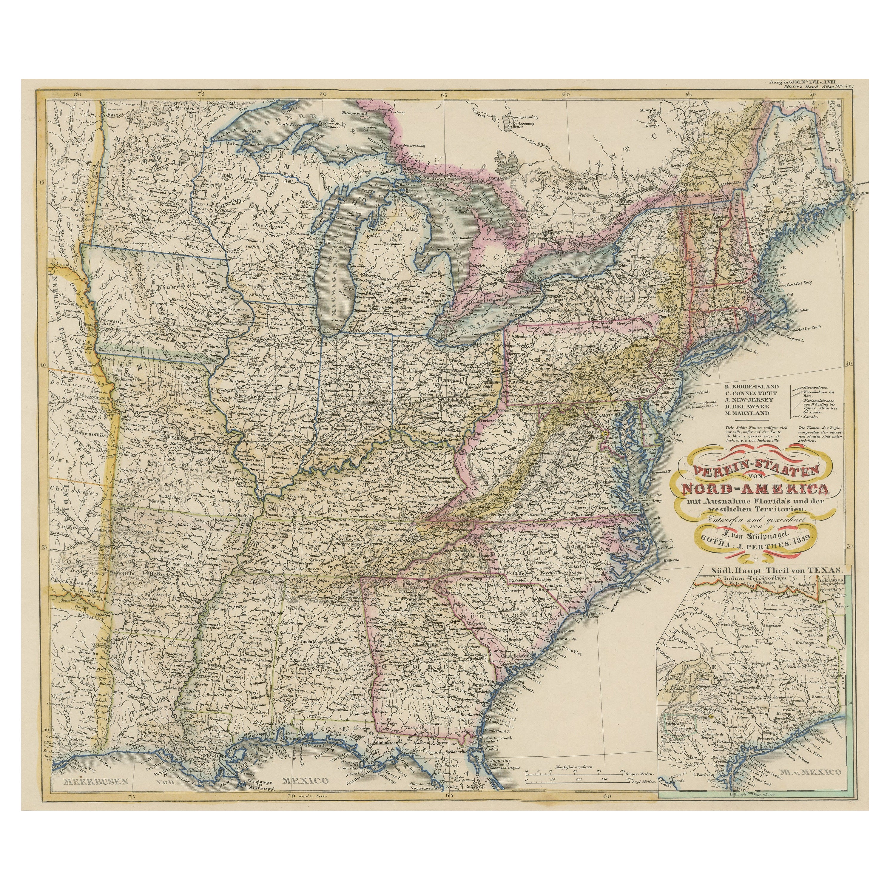 Antike Karte des Osten der Vereinigten Staaten mit eingelassener Karte von Texas