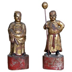 Antique Chinese Pair of Wood Carved and Polychrome Sculptures of Chinese Warriors