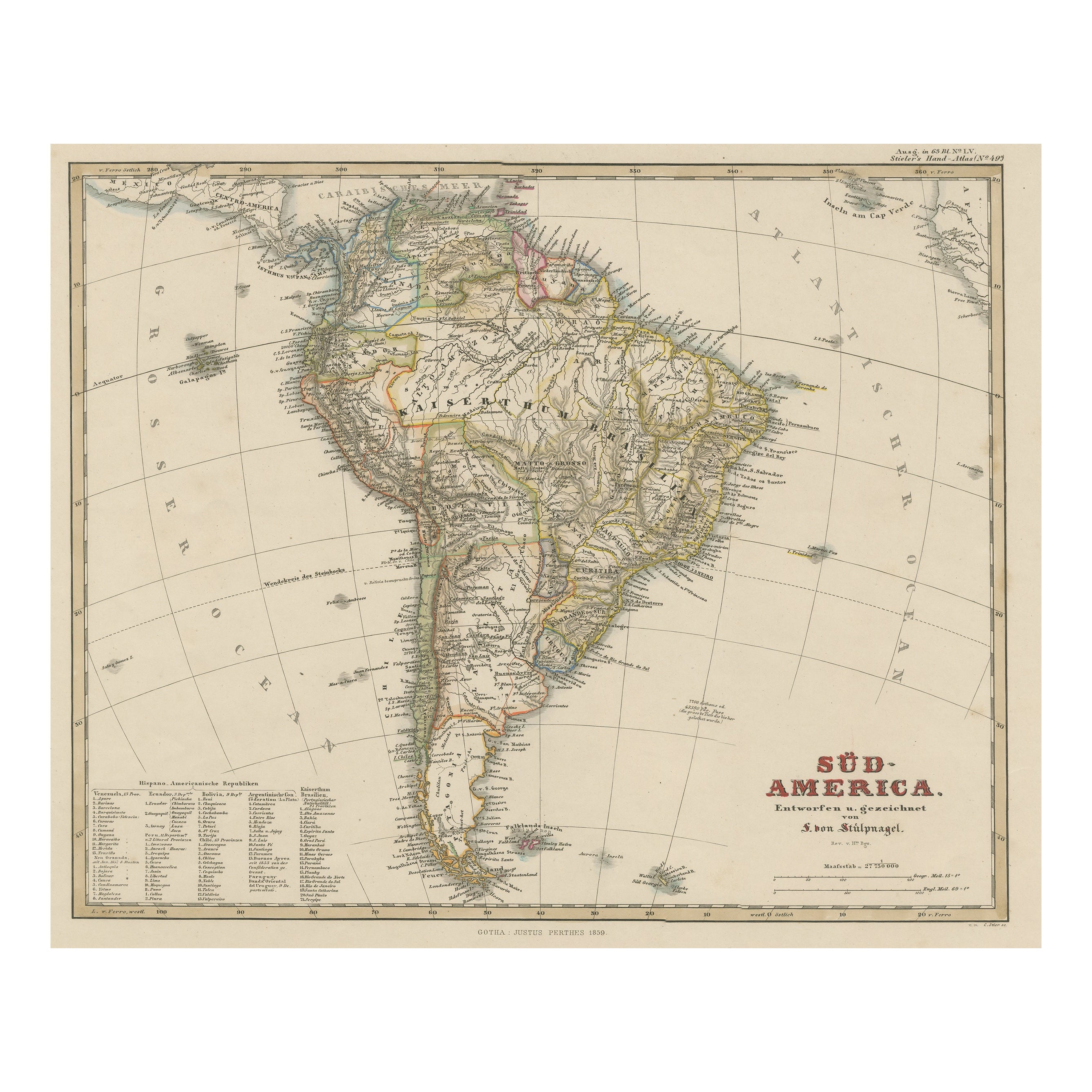 Carte ancienne d'Amérique du Sud avec de nombreux détails, vers 1859