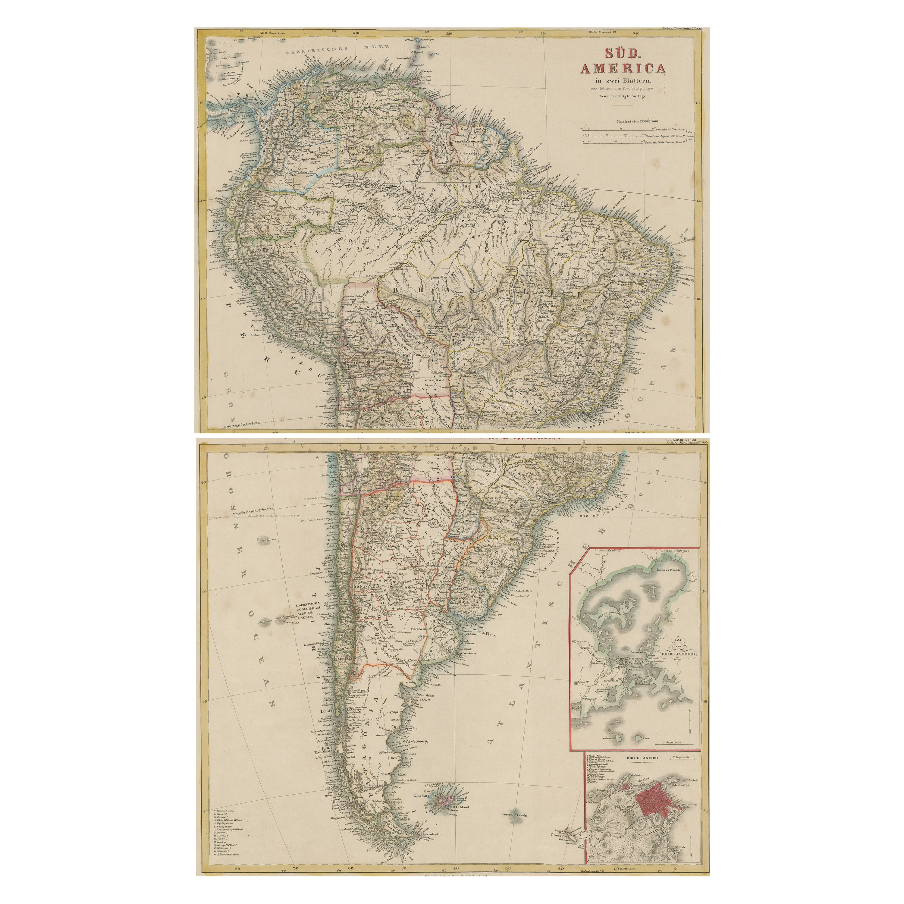 Ensemble de deux cartes anciennes d'Amrique du Sud avec des cartes encastres de Rio de Janeiro
