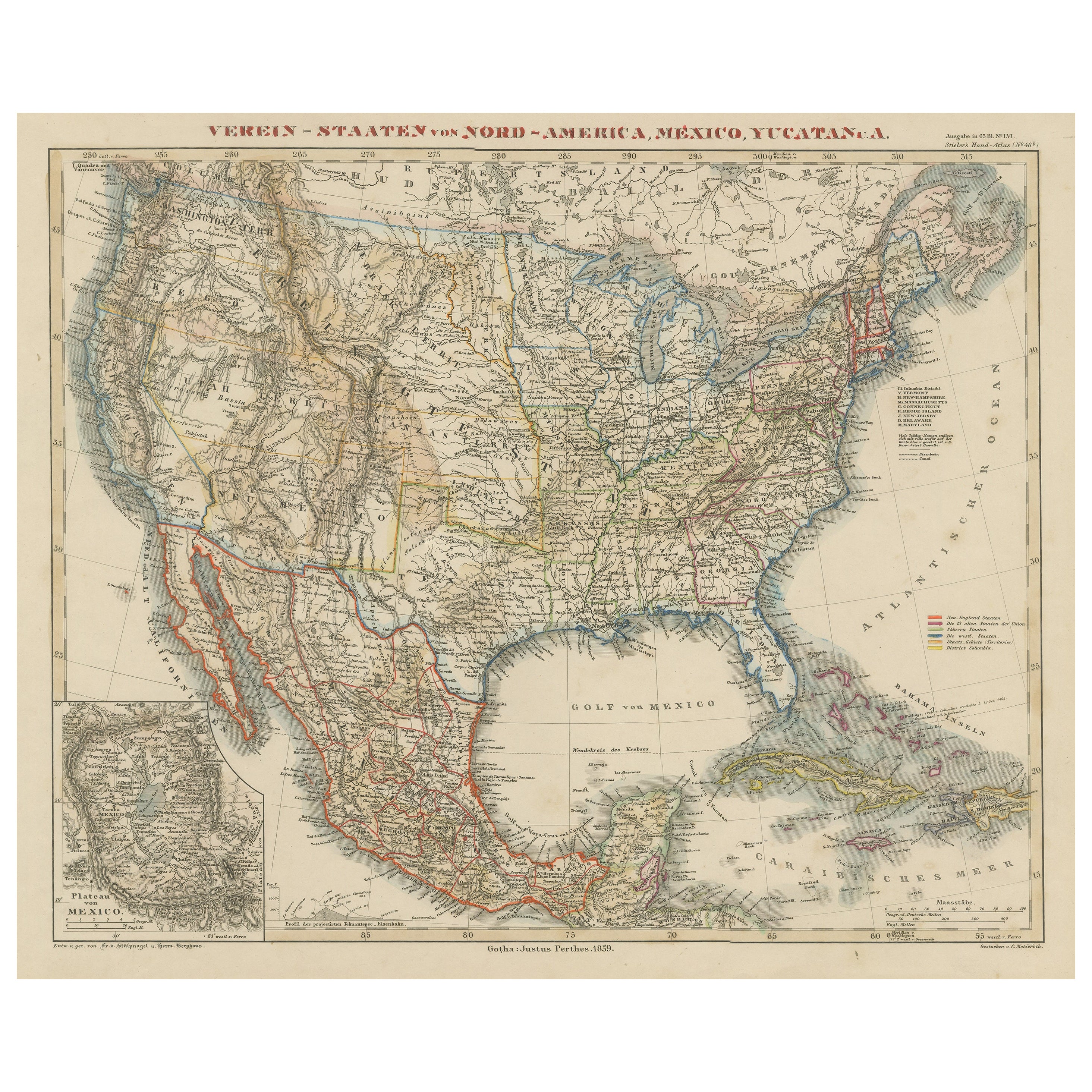 Antike Karte der Vereinigten Staaten mit Einschubkarte der Region Mexiko-Stadt im Angebot