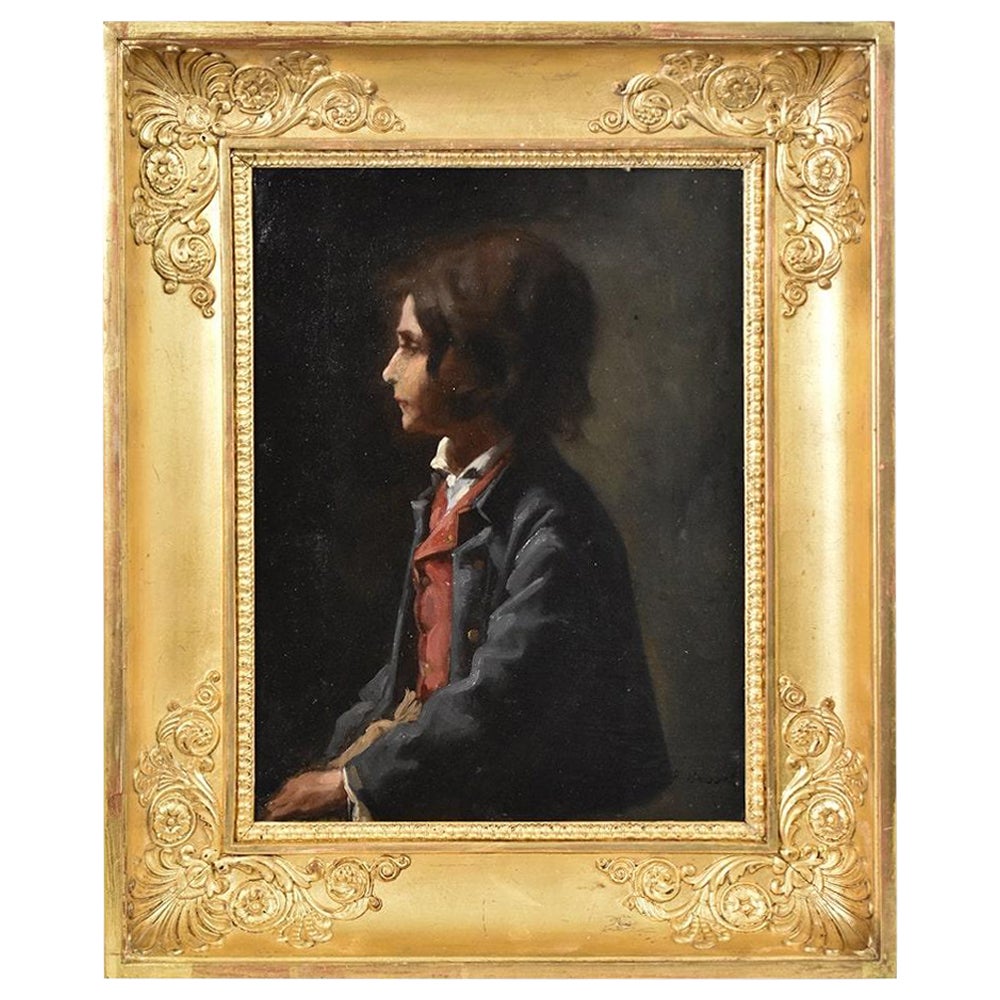 Antique Painting, Young Man in Profile, Man Portrait Painting, Oil on Canvas