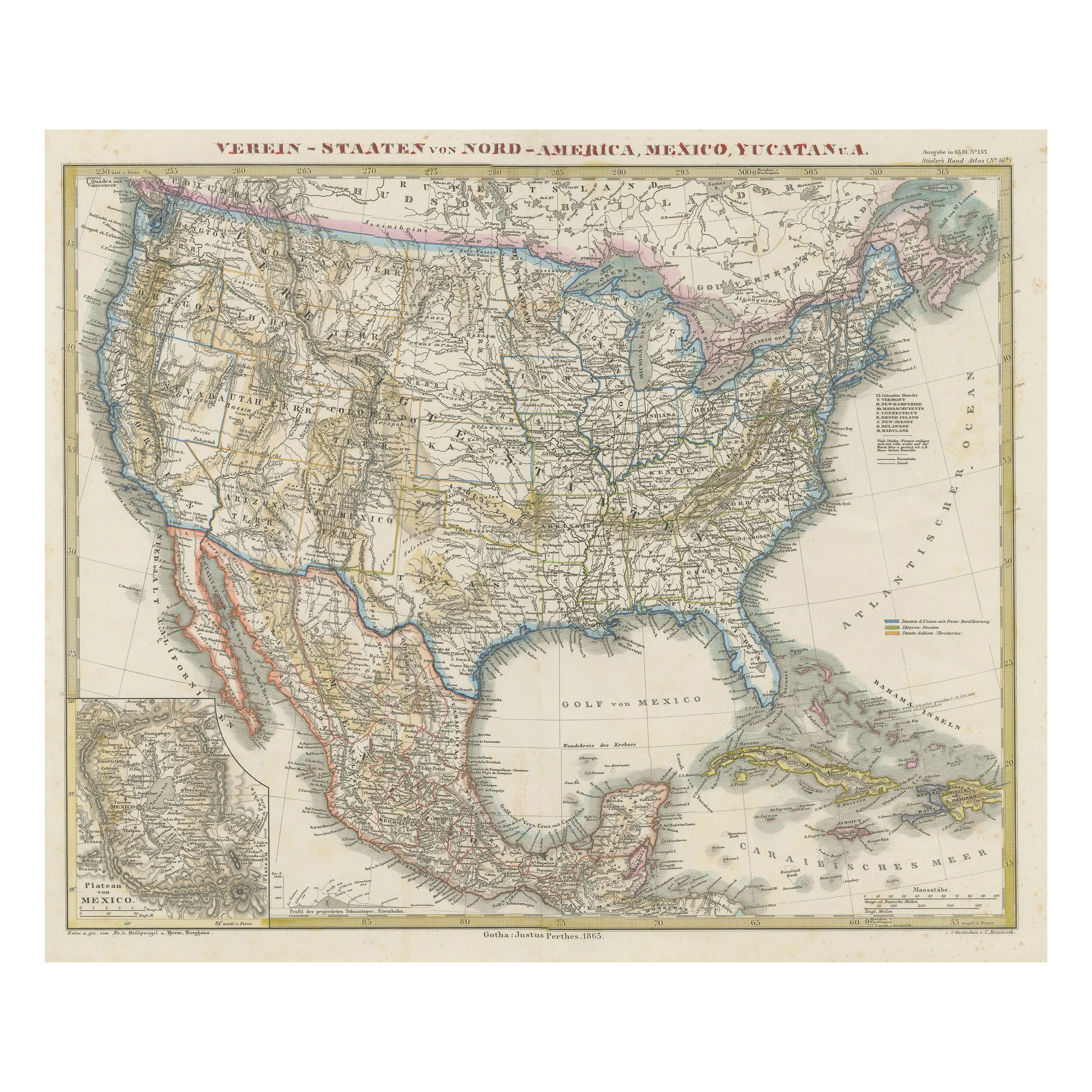 Antike Karte der Vereinigten Staaten von Amerika, die auch die Karibik zeigt im Angebot