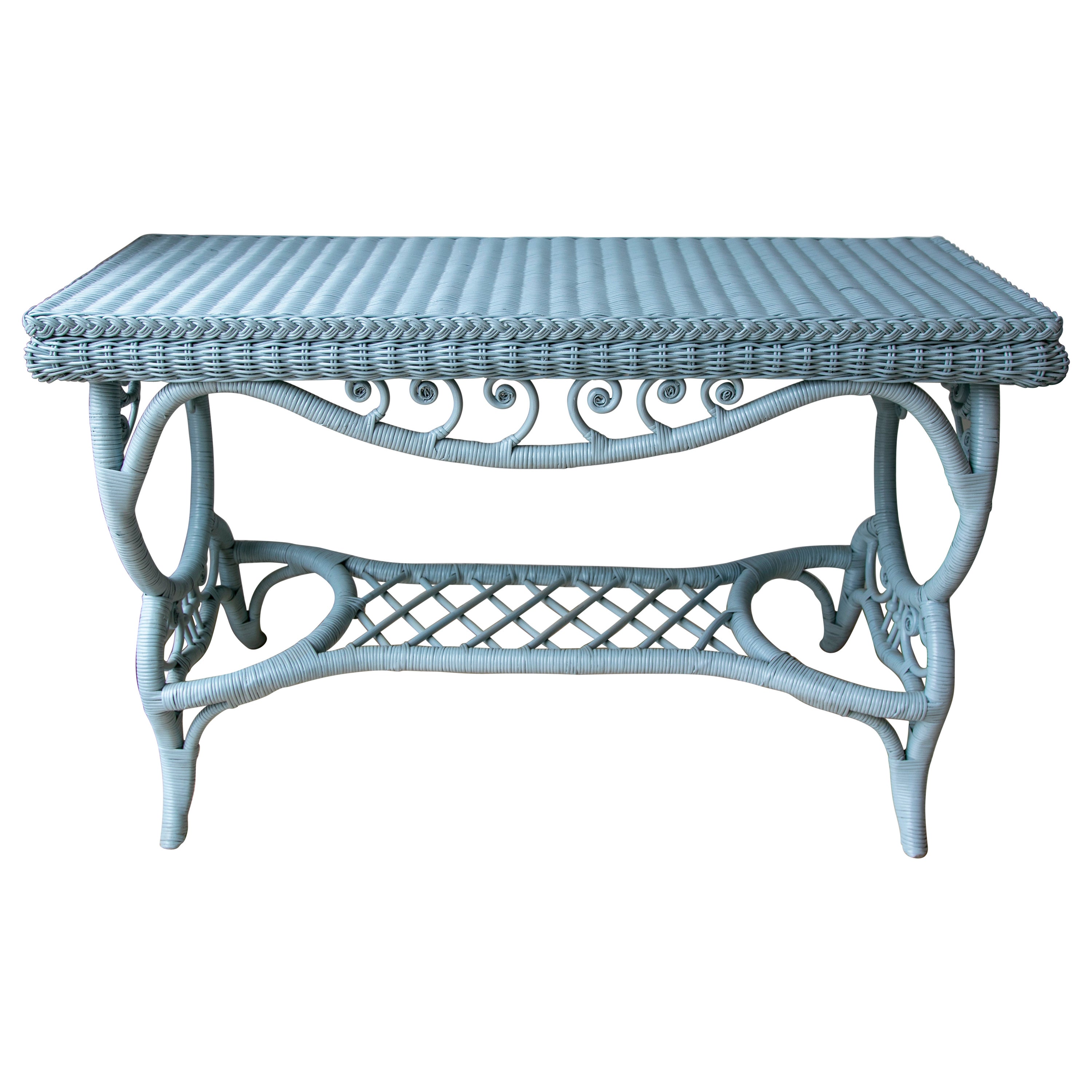 Spanish Handmade Wicker Console Lacquered in Blue Colour For Sale