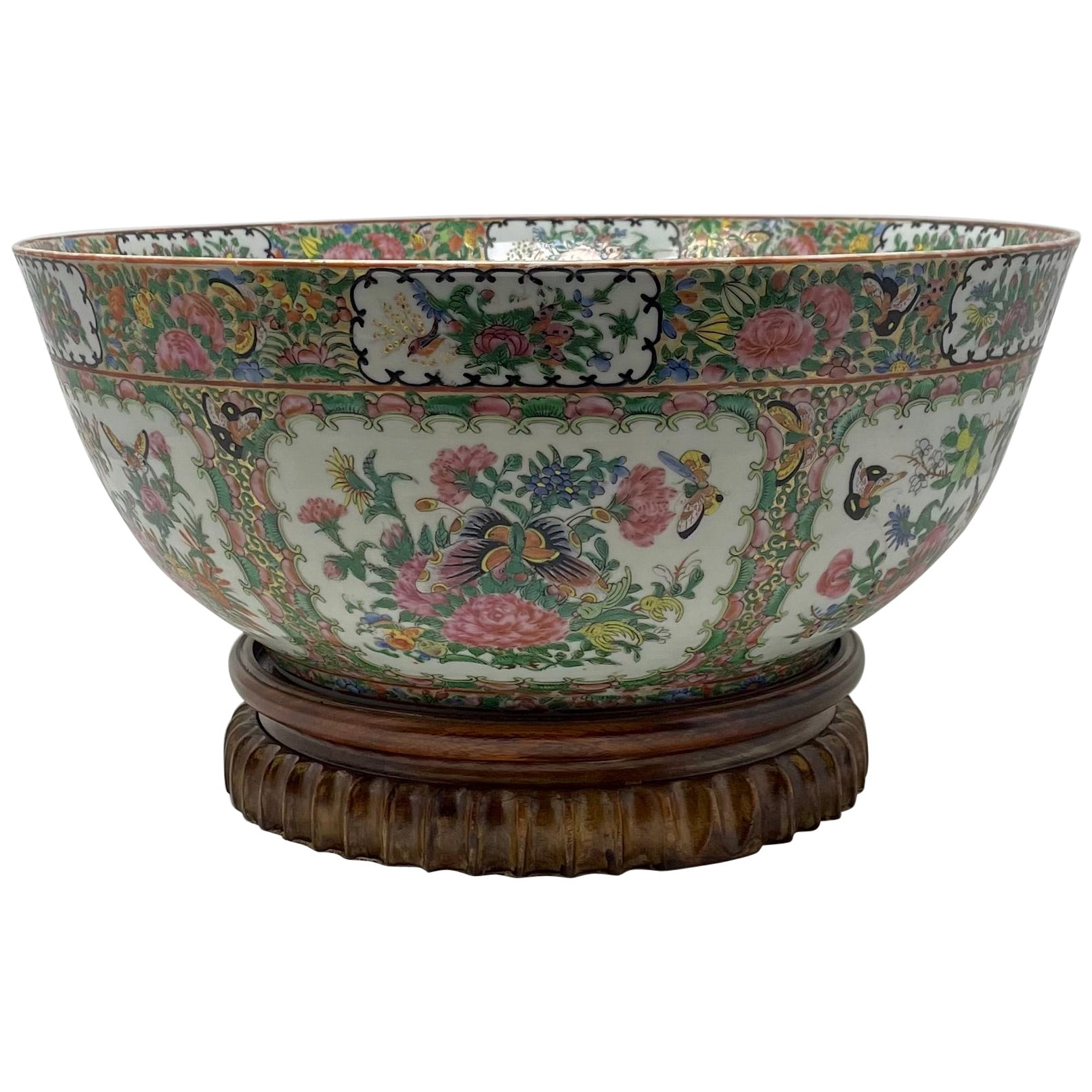 Large Antique 19th Century Chinese Rose Canton Porcelain Bowl on Original Stand
