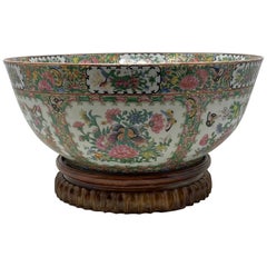 Large Antique 19th Century Chinese Rose Canton Porcelain Bowl on Original Stand