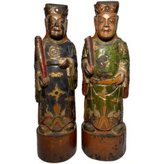 Pair Antique 19th Century Chinese Lacquer and Carved Wood Figures