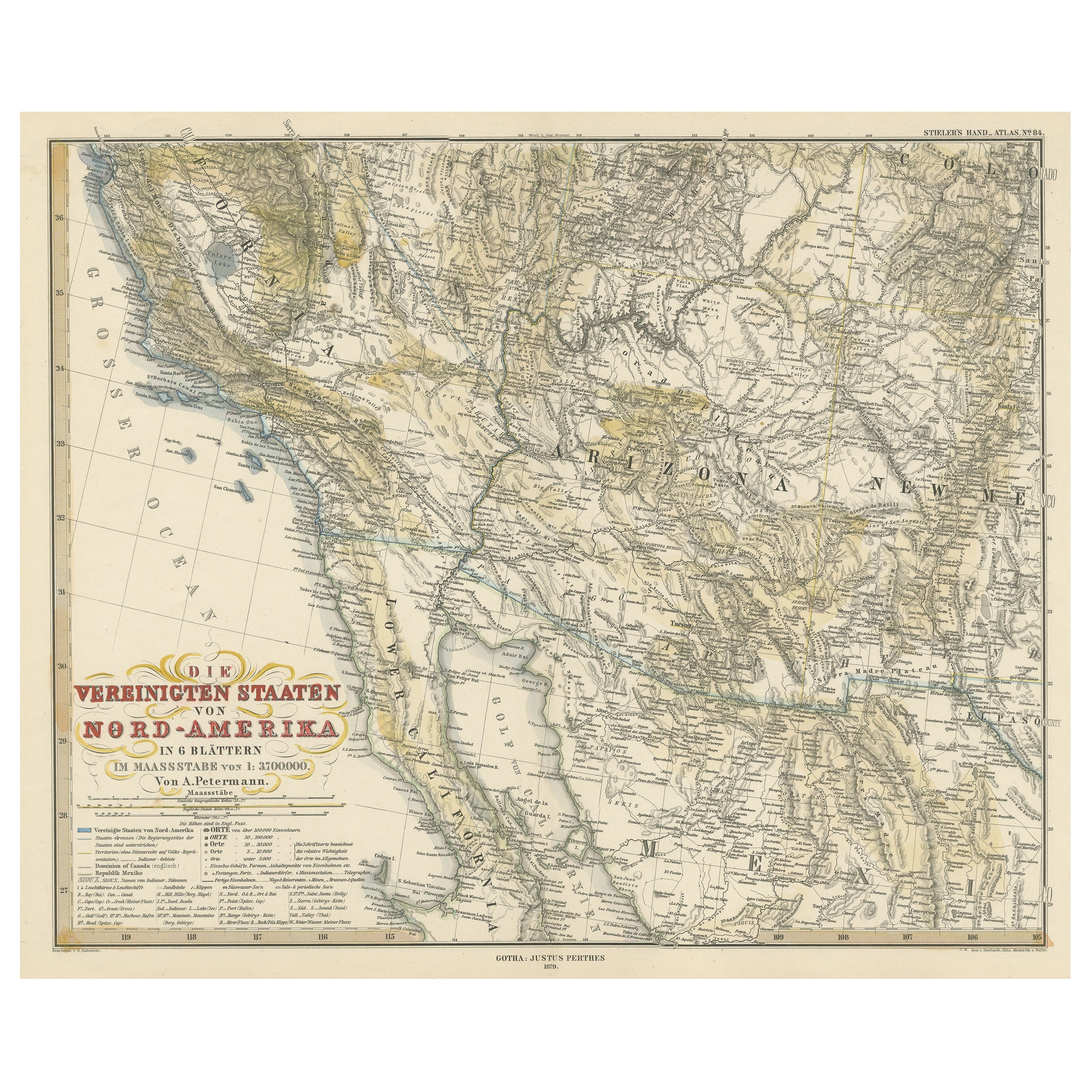 Antike Karte eines Teils der Vereinigten Staaten einschließlich Niederkalifornien und Arizona