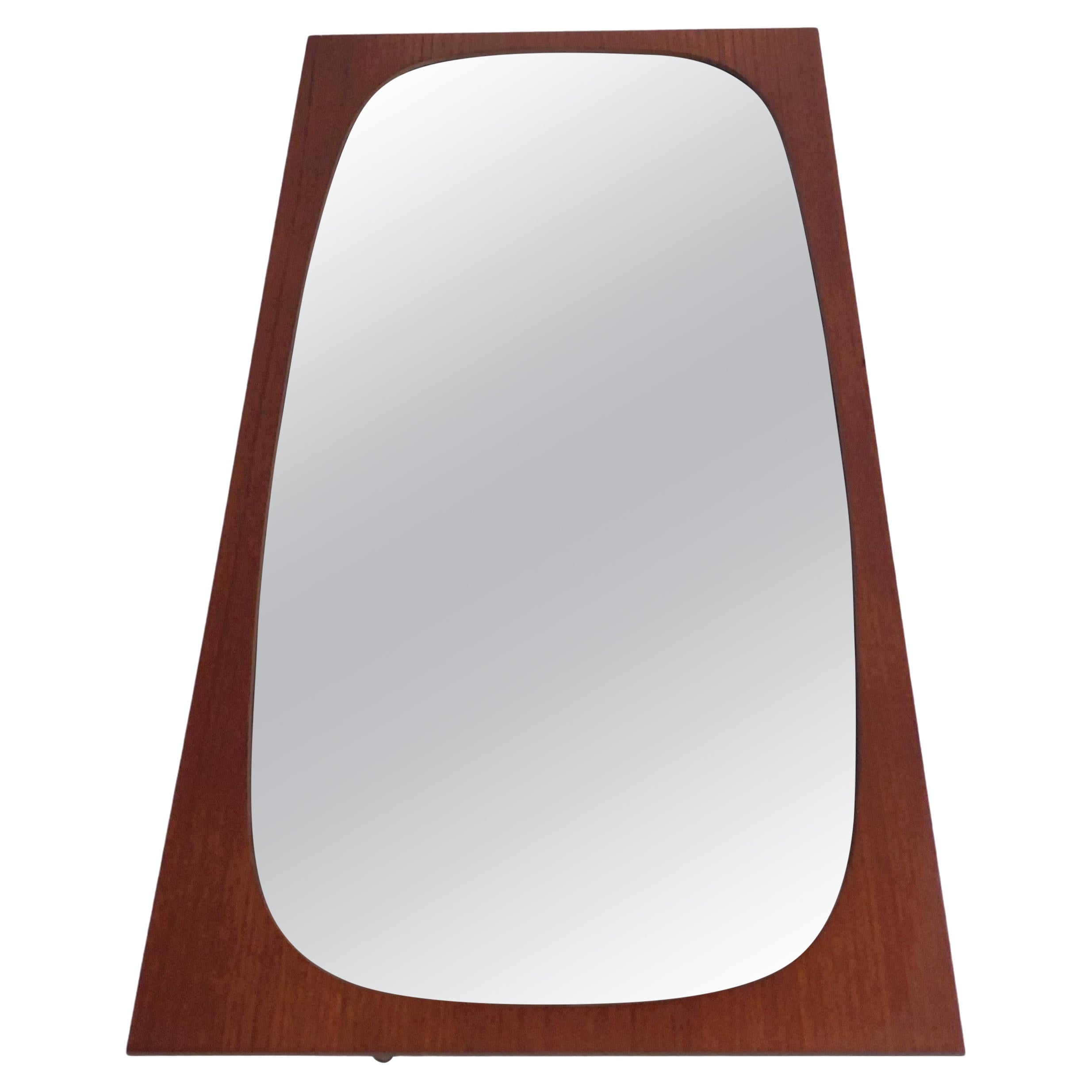 Mid Century Rectangular Teak Plywood Framed Wall Mirror with Oval Glass, 1960s For Sale