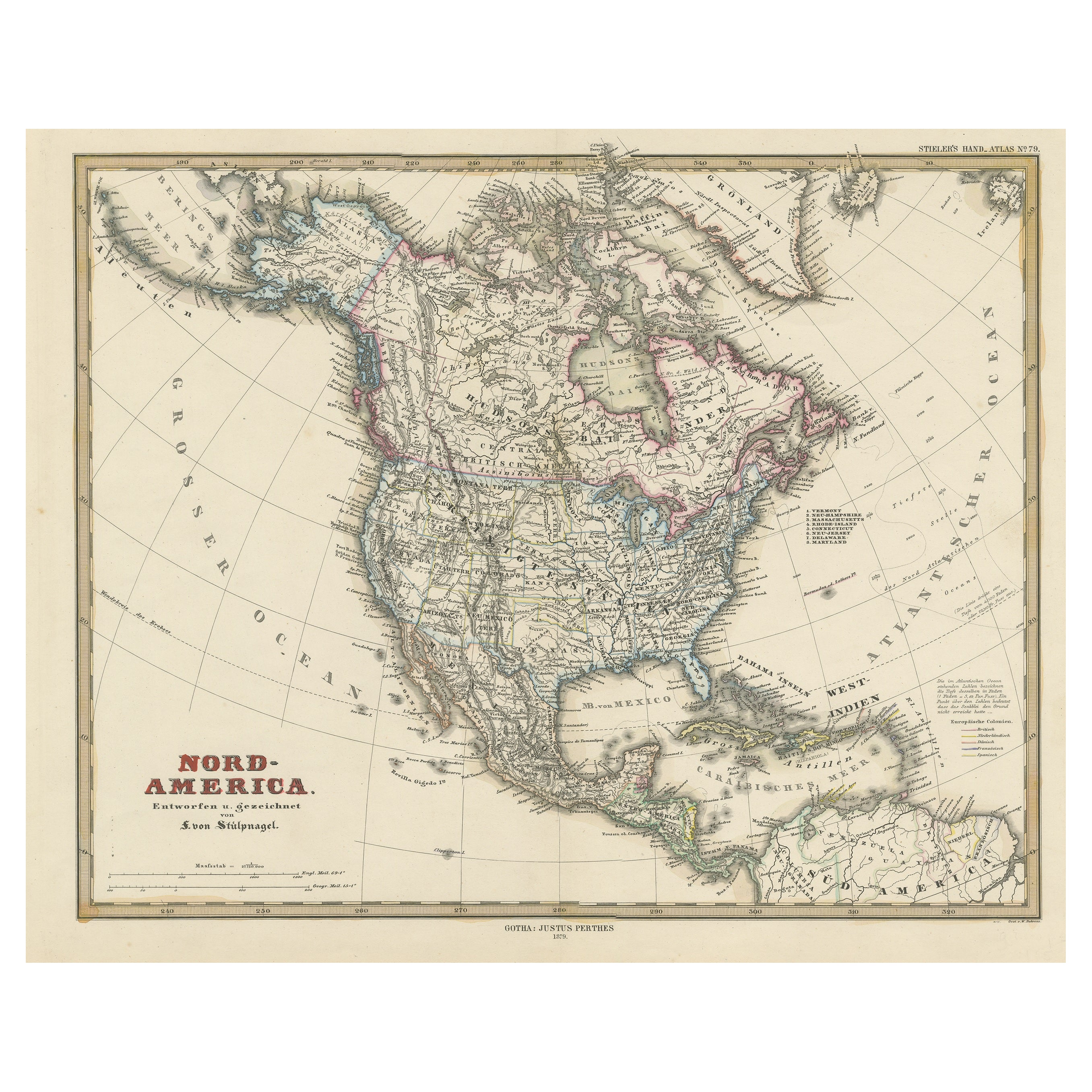 Carte ancienne avec coloration  la main d'Amrique du Nord et des Indes occidentales
