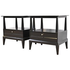 Heywood Wakefield Mid-Century Modern Black Lacquered Nightstands, Refinished