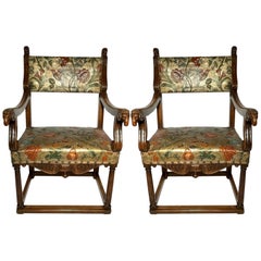 Pair Antique 19th Century Spanish Walnut and Embossed Leather Armchairs, Ca 1880