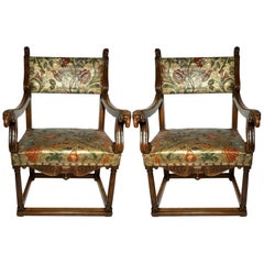 Pair Antique 19th Century Spanish Walnut and Embossed Leather Armchairs, Ca 1880