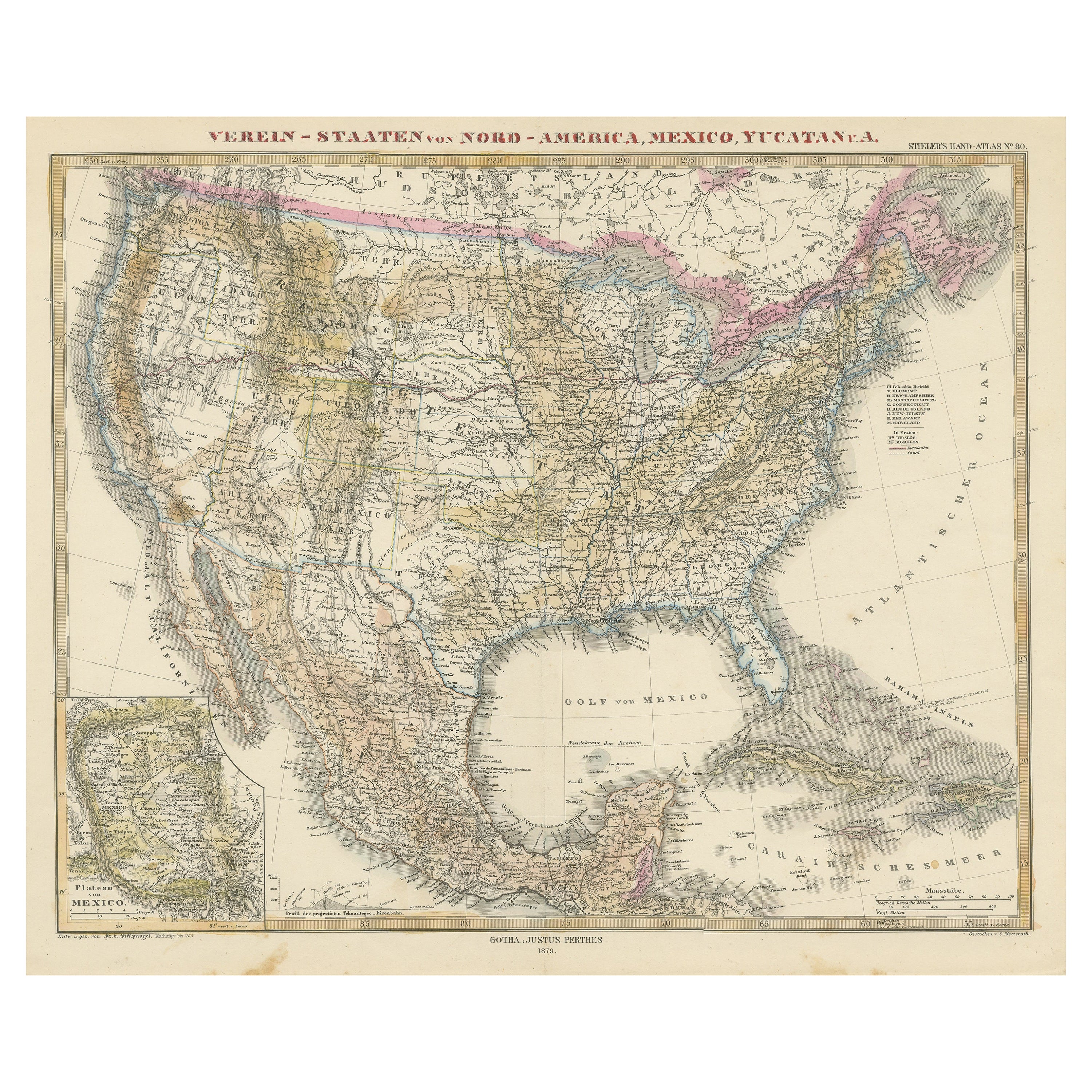 Antike Karte mit handkolorierter Darstellung der Vereinigten Staaten und der Karibik