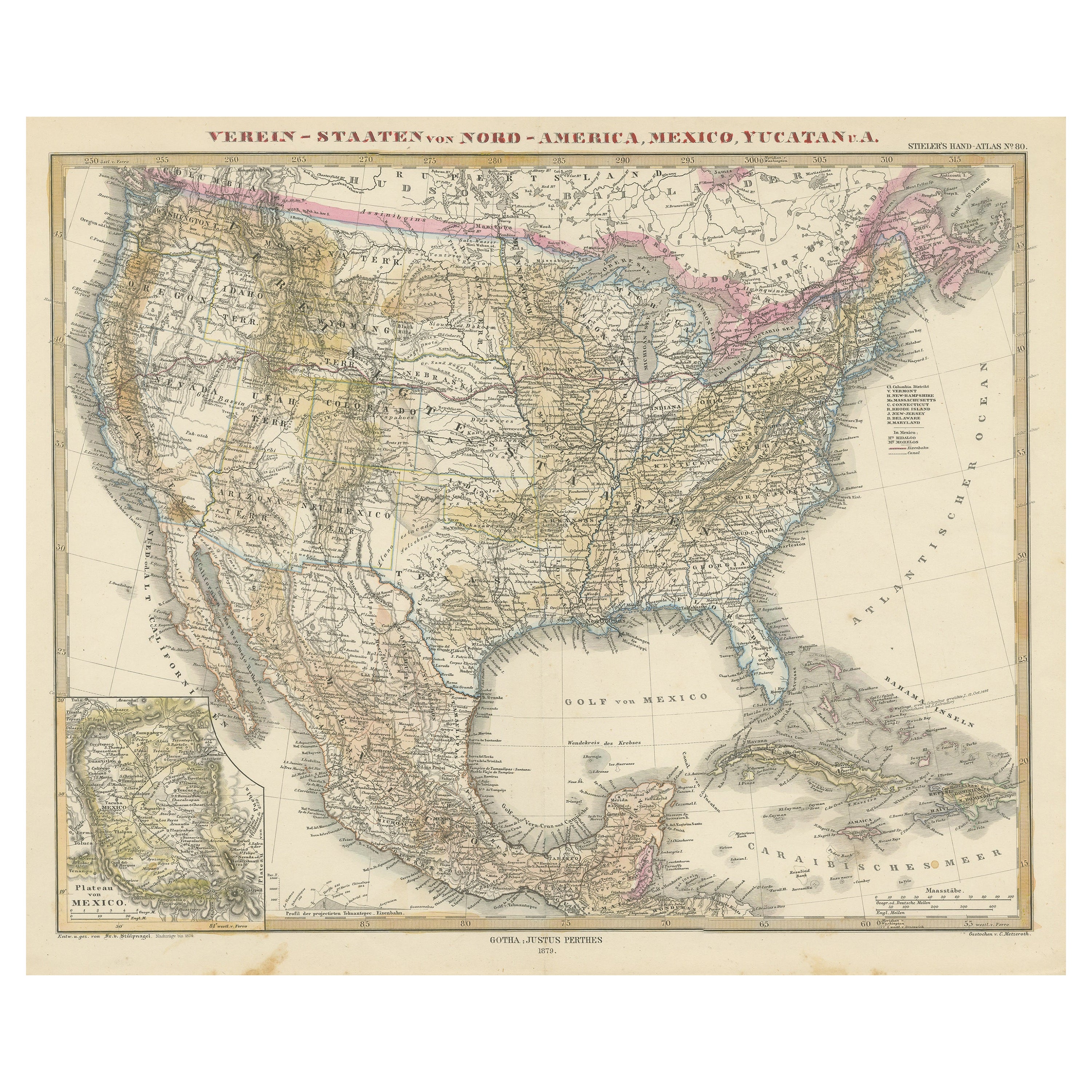 Mapa antiguo coloreado a mano de Estados Unidos y el Caribe