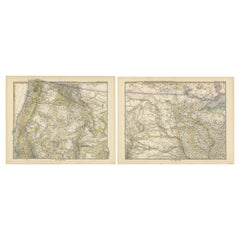 Set aus zwei antiken Karten der Region Oregon, Idaho, Wyoming, Nebraska und Iowa