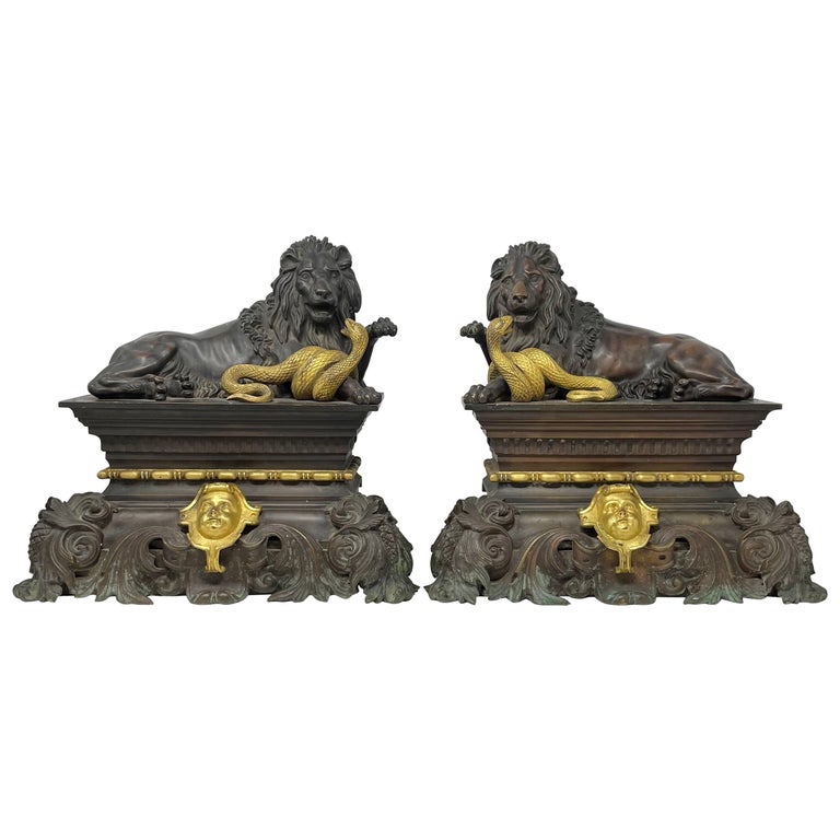 Antique French Gold Bronze & Patinated Bronze Lion & Serpent Andirons Circa 1860 For Sale