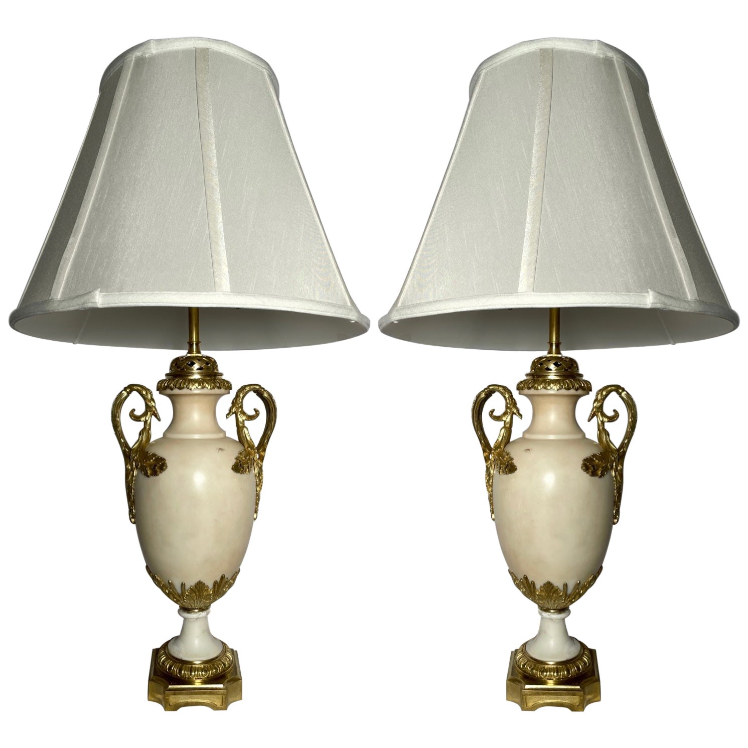Pair Antique French Gold Bronze Mounted Carrara Marble Lamps, Circa 1890's For Sale
