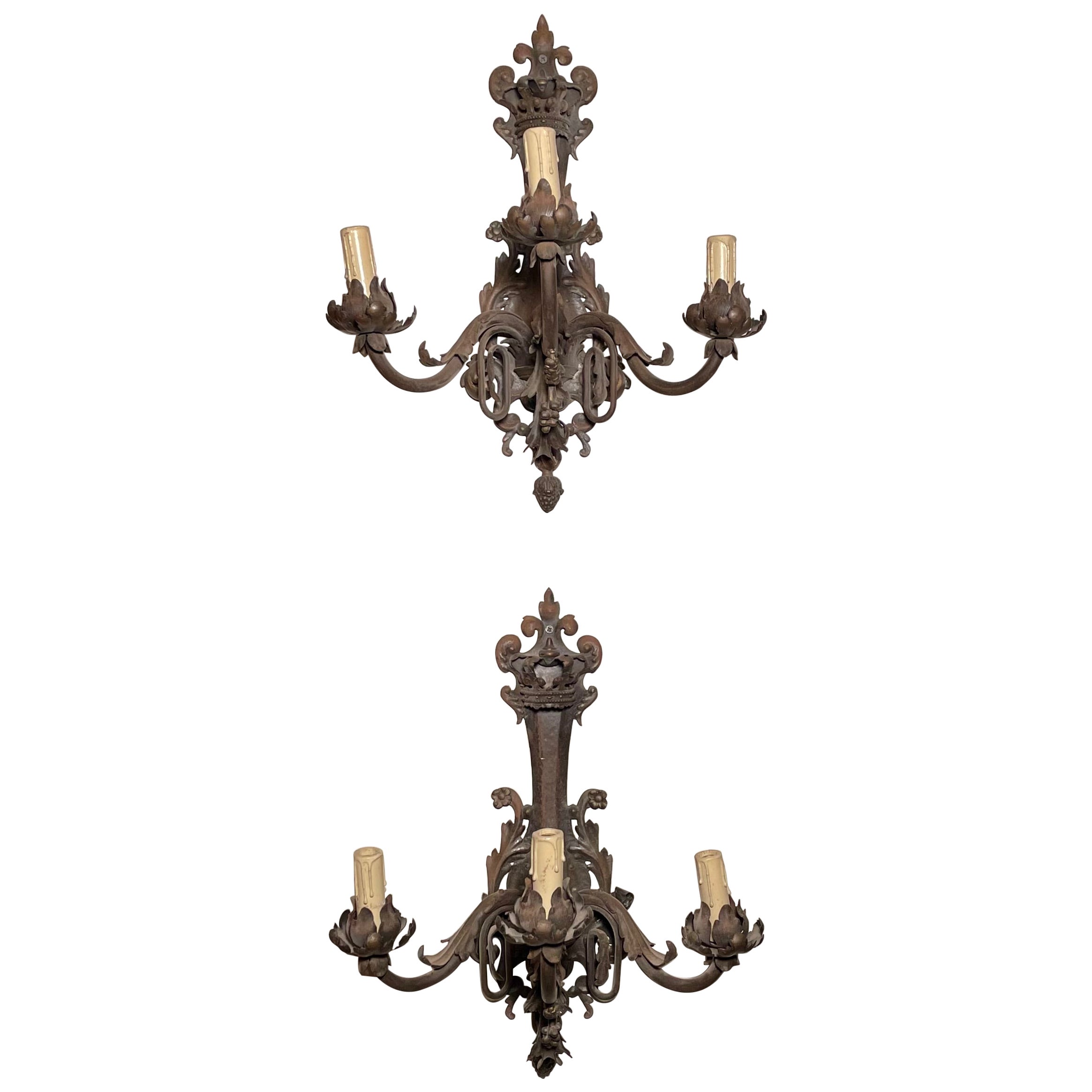 Pair Antique French Wrought Iron and Tole 3-Light Wall Sconces, Circa 1890's For Sale