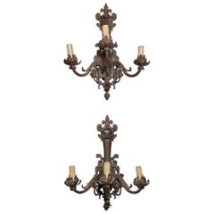 Pair Antique French Wrought Iron and Tole 3-Light Wall Sconces, Circa 1890's