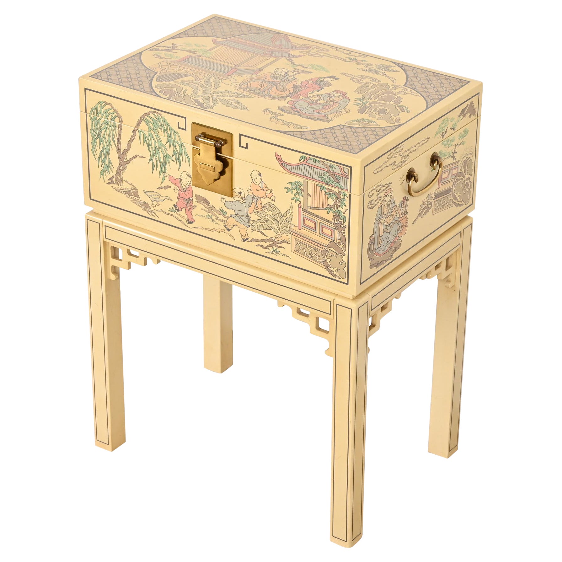 Drexel Heritage Chinoiserie Hand-Painted Cream Lacquered Chest on Stand