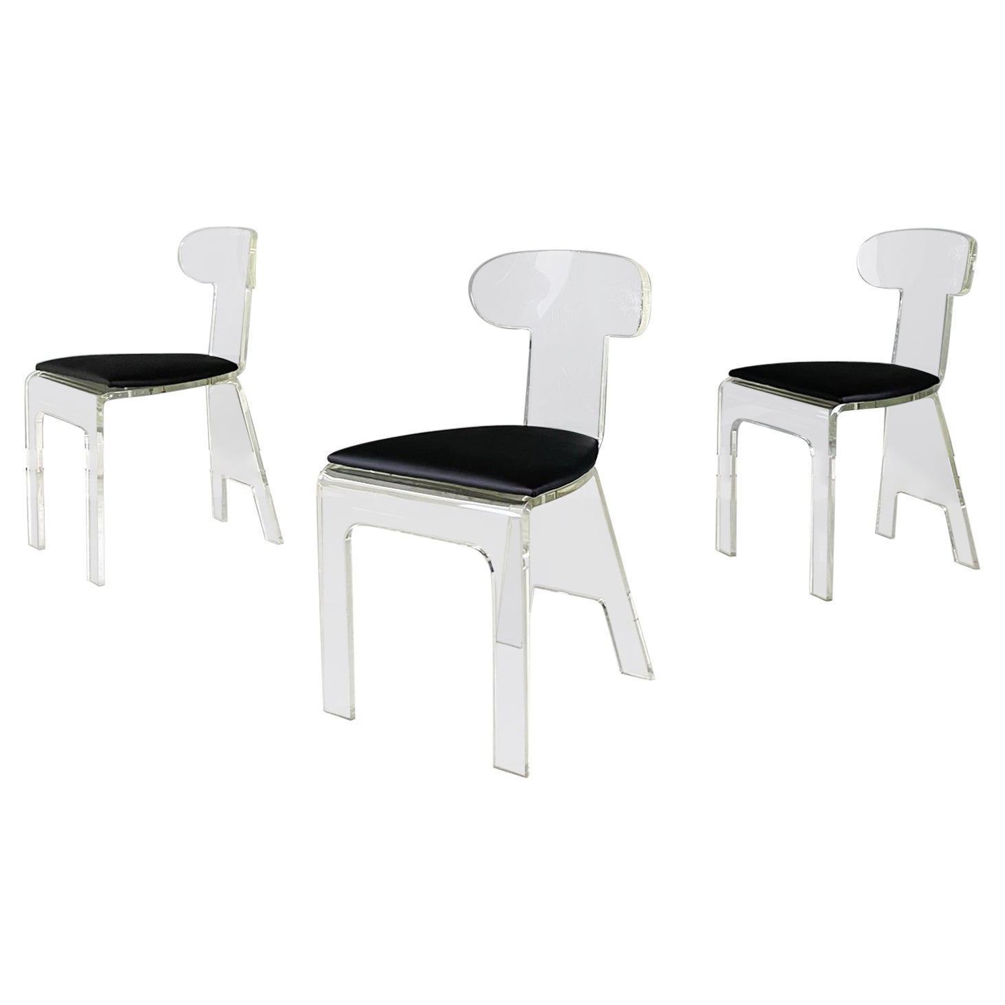 Moderne italienische Stühle aus transparentem, dickem Plexiglas und schwarzem Himmel, 1980er Jahre