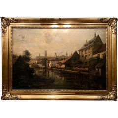 Antique 19th Century Belgian School Oil Painting "View of Town Along a Canal."