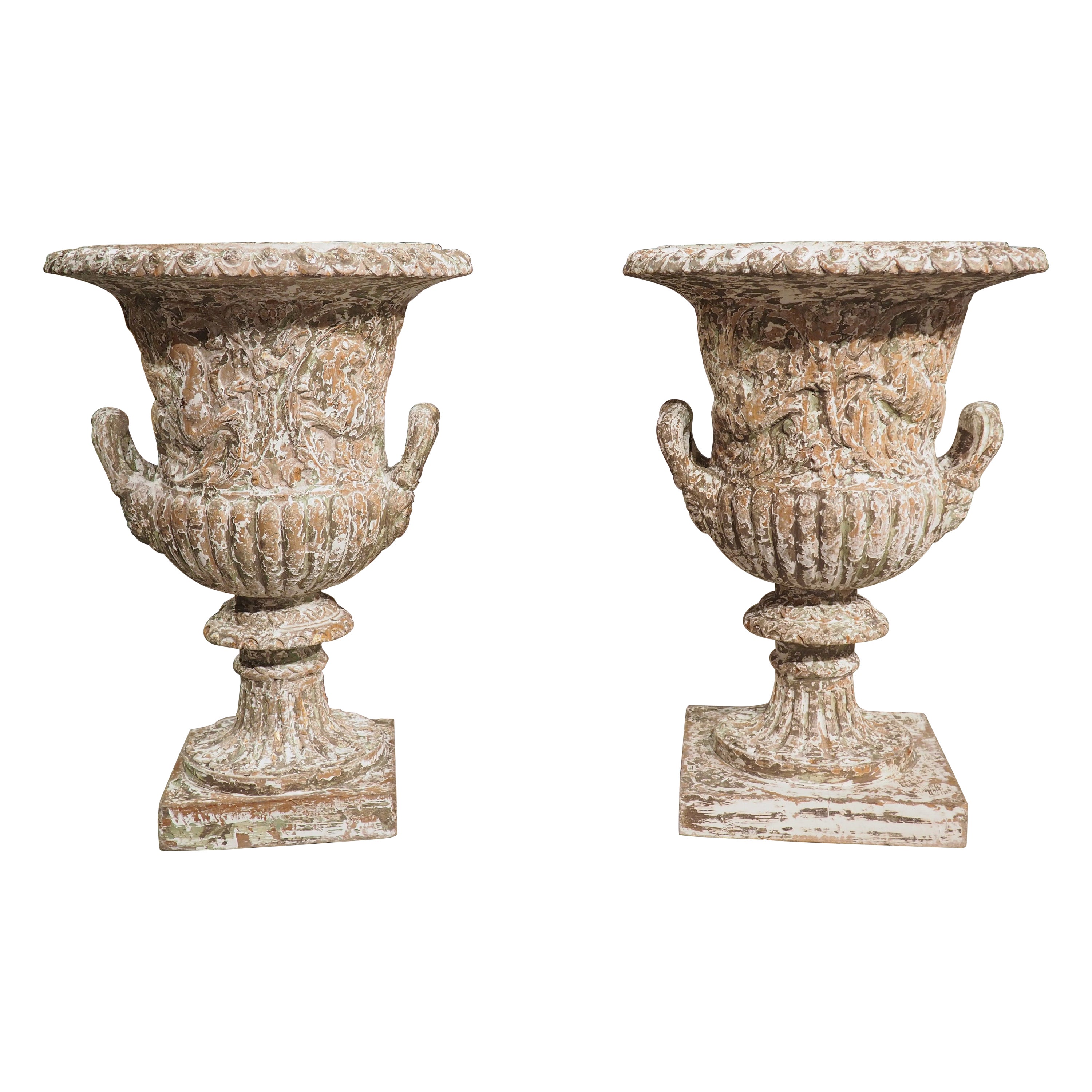 Fantastic Set of Italian Hand Carved and Parcel Paint Urns, C. 1950 at