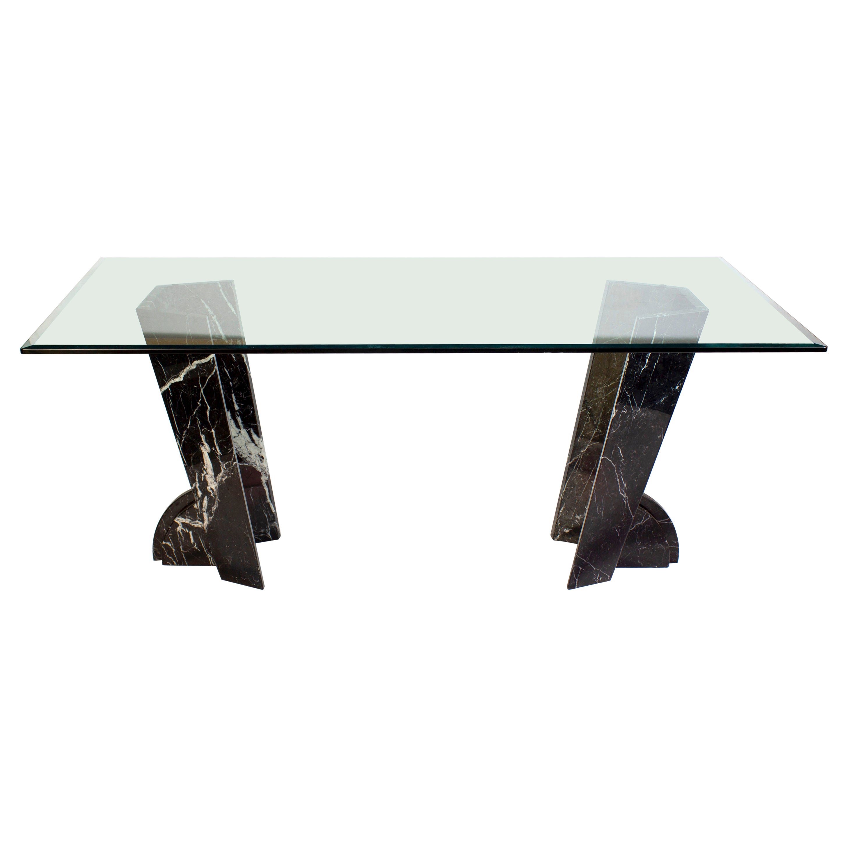 Modern Rectangular Glass Dining Table with Marble Base 1970' For Sale