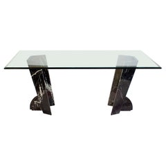 Vintage Modern Rectangular Glass Dining Table with Marble Base 1970'