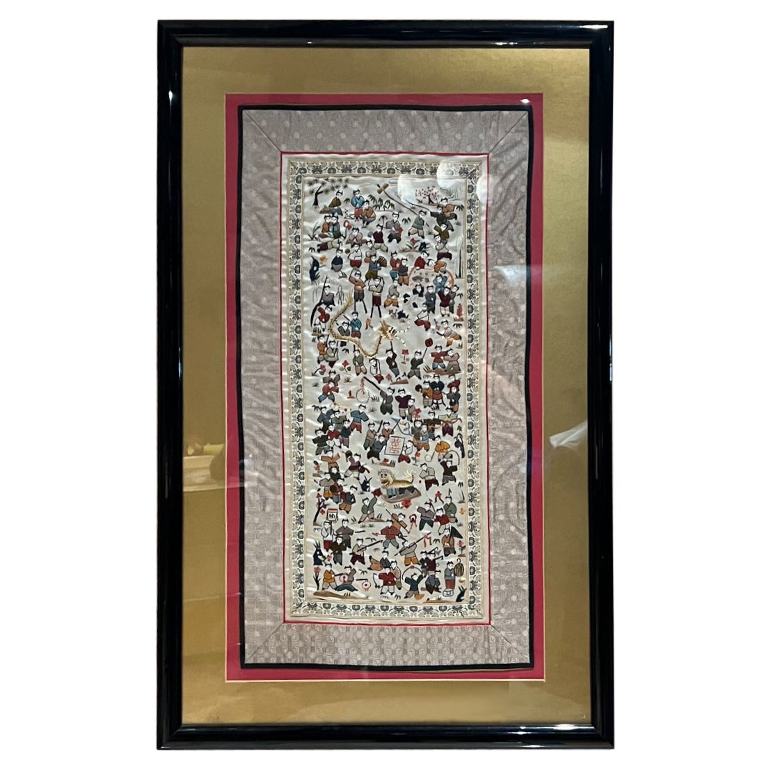 1960s Fine Chinese Silk Art Embroidered Tapestry Framed Panel Village Folk