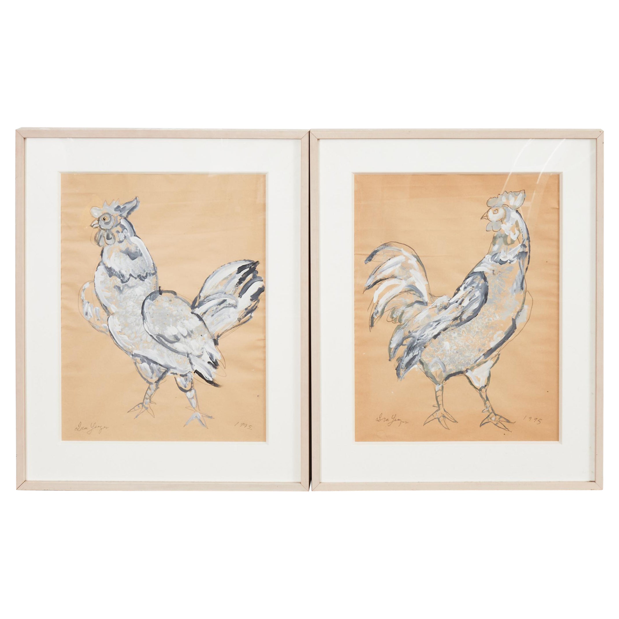 Pair of Ira Yeager Paintings of Chickens 1995 For Sale