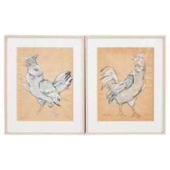 Vintage Pair of Ira Yeager Paintings of Chickens 1995
