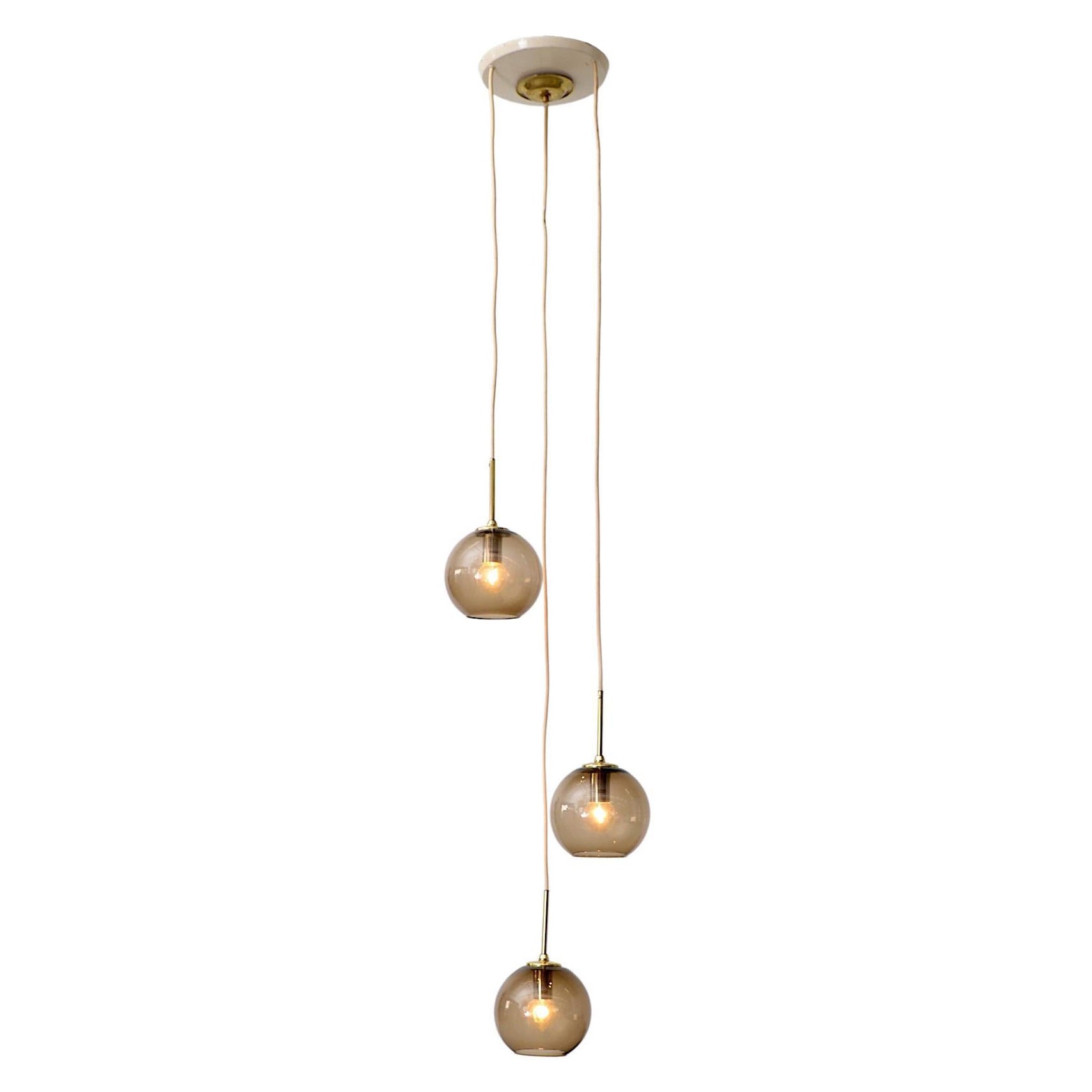1970s Chandelier with 3 Smoked Glass Globes, Brass Hardware and Triple Canopy For Sale