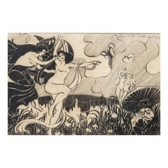 Signed Lovis Corinth, Art Nouveau Charcoal & Pencil Drawing German Expressionist