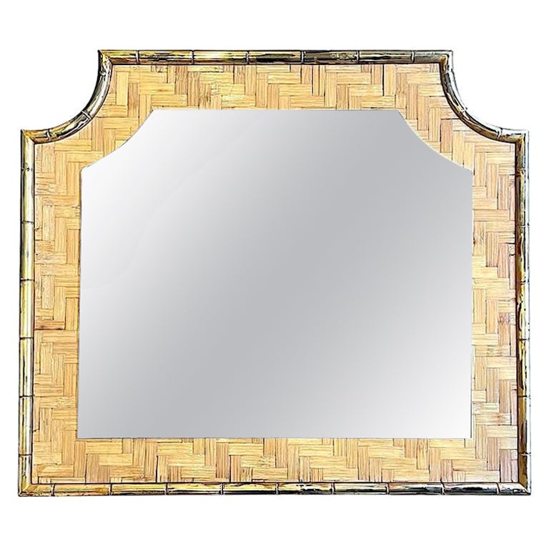 Italian 1970s Gilt Metal Faux Bamboo and Rattan over Mantle Mirror