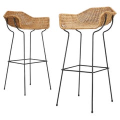 Retro Metal and Wicker Bucket Stools Austria 1950