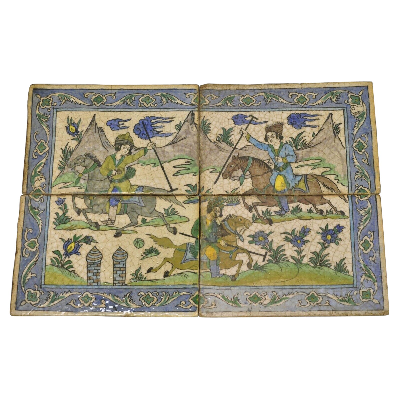 Antique Persian Iznik Qajar Style Ceramic Pottery Tile Mosaic Polo Players C7 For Sale