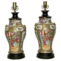 Pair of Ceramic Oriental Table Lamps, Decoration, Bronze, 19th C.