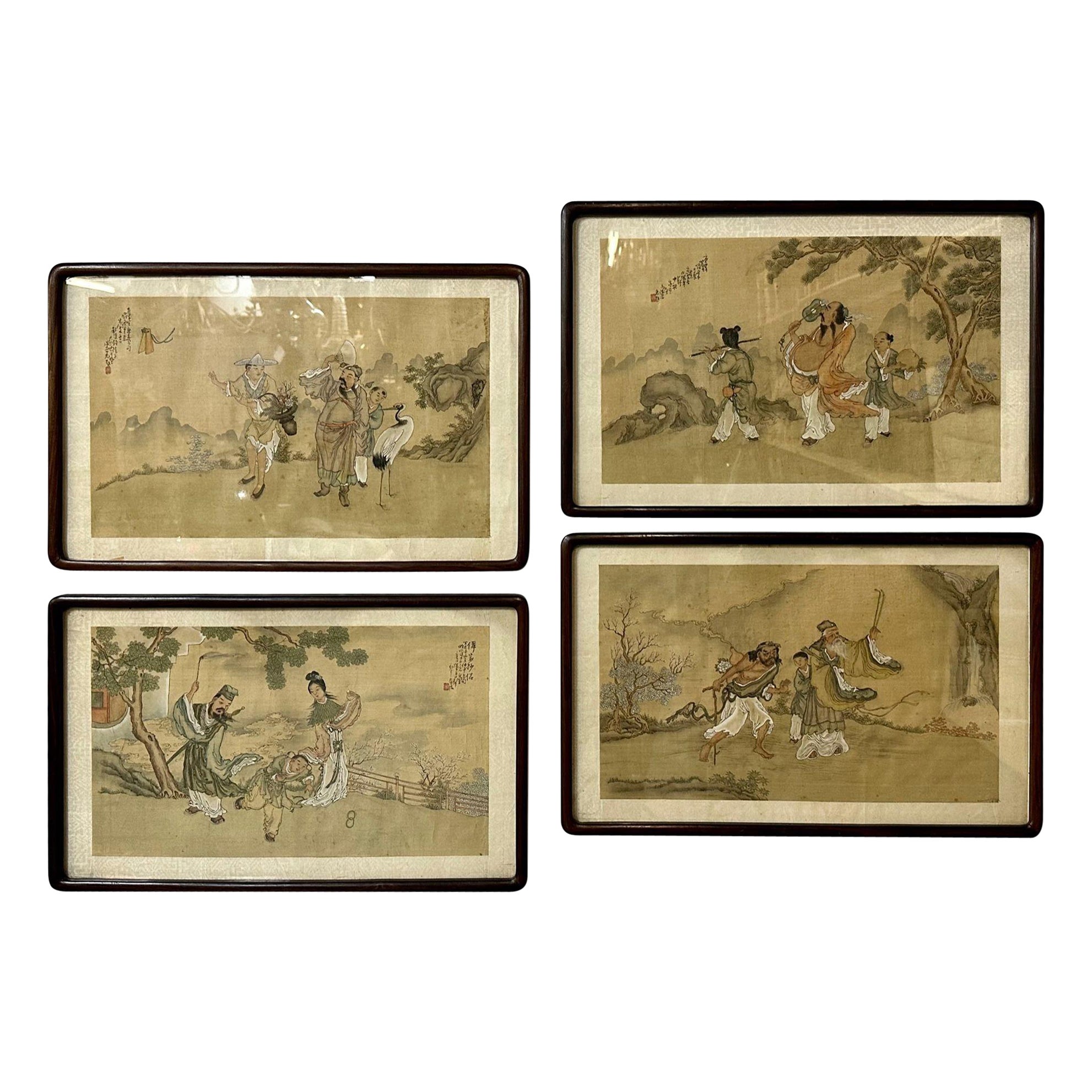 Set of Four Chinese Paintings in Rosewood Frames, Signed, 19th Century For Sale