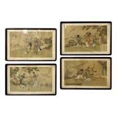 Antique Set of Four Chinese Paintings in Rosewood Frames, Signed, 19th Century
