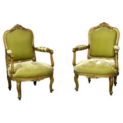 Pair of Louis XV Fauteuils, Armchairs, Solid Giltwood, Durand, 19th Century
