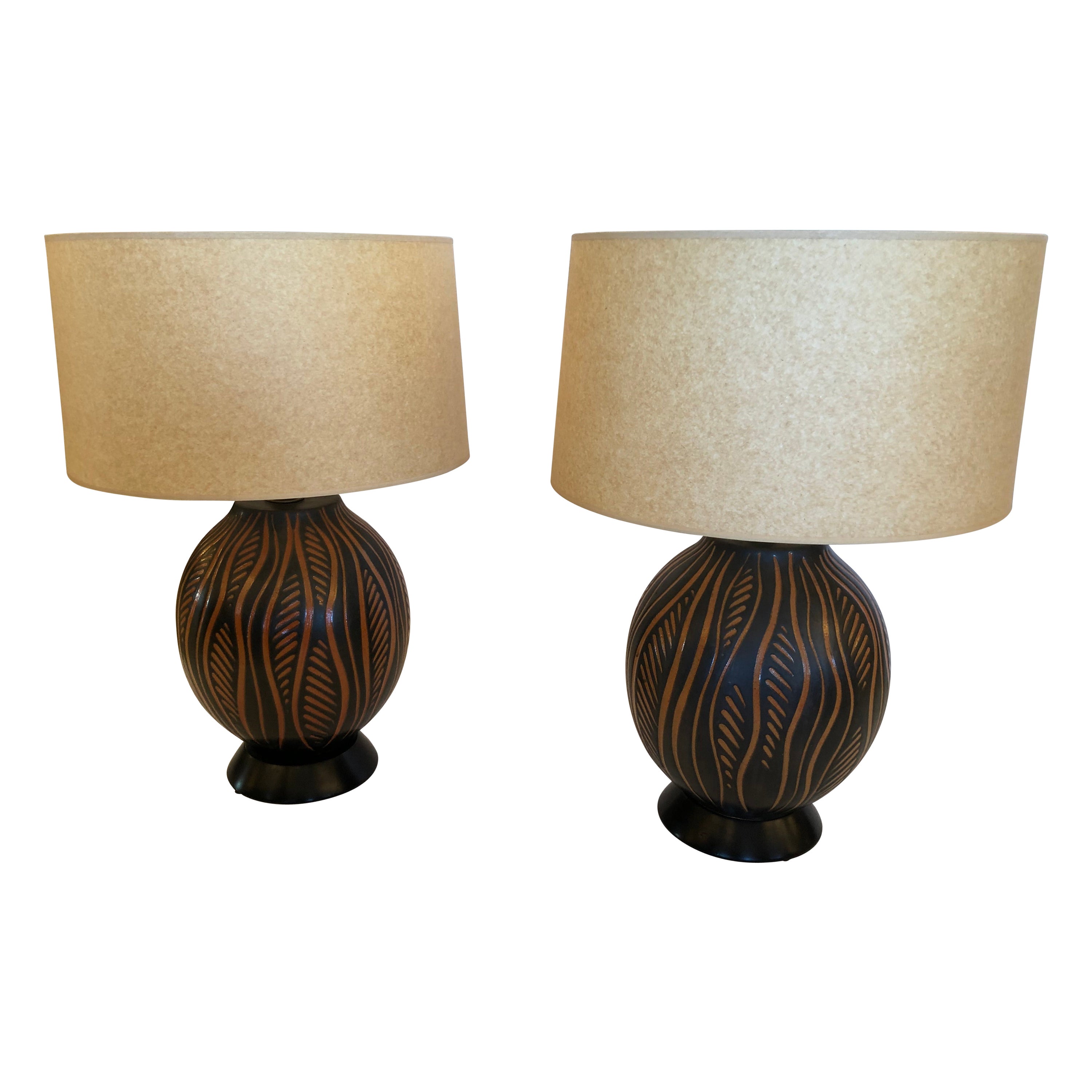 Handsome Pair of Black & Orange Hand Crafted Pottery Table Lamps For Sale