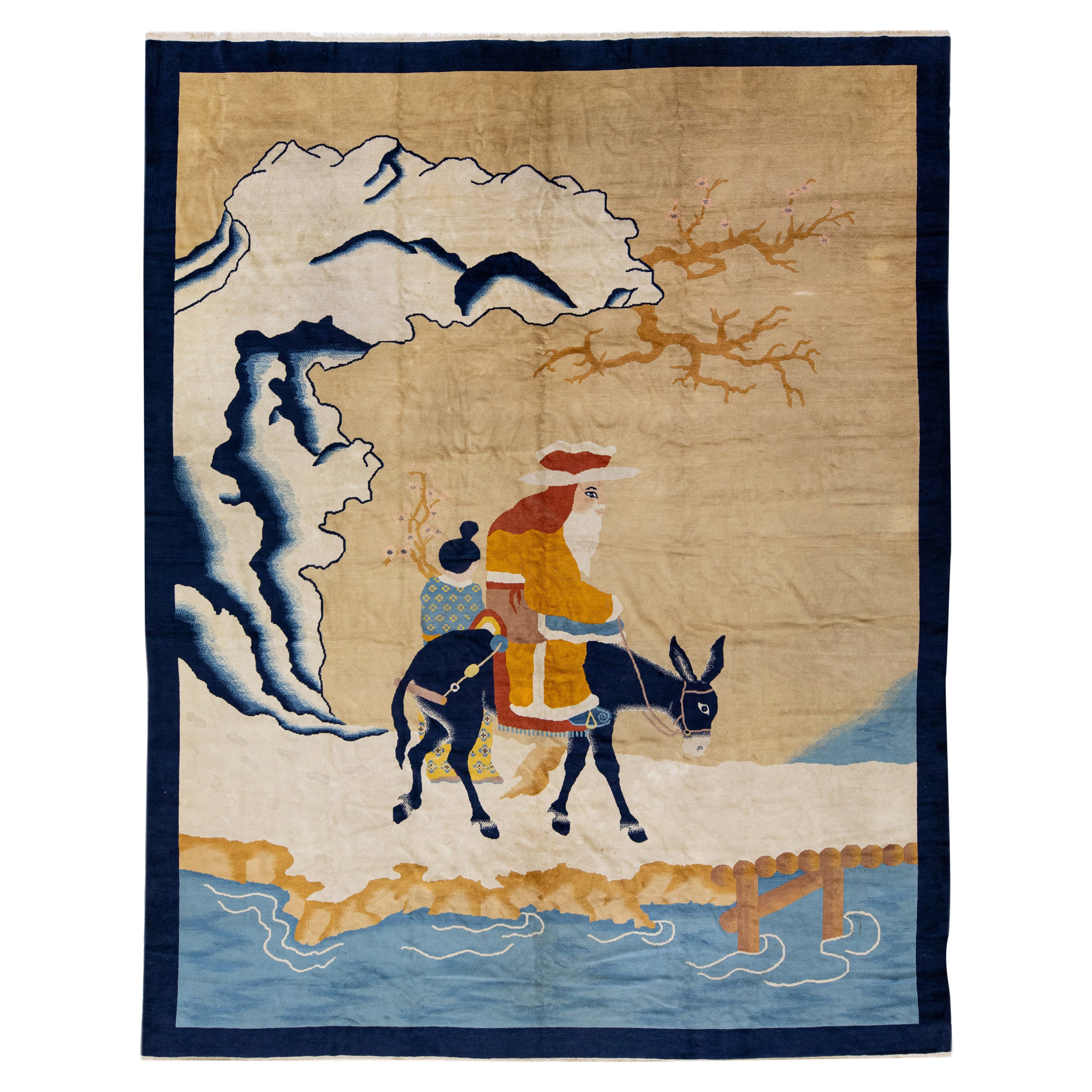 Antiker chinesischer handgefertigter Art-Déco-Teppich aus brauner Wolle mit malerischem Design
